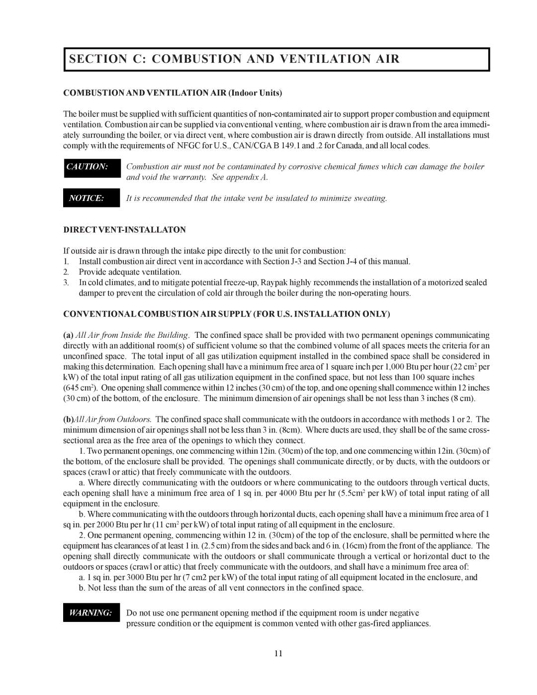 Raypak 302-902 manual Section C Combustion and Ventilation AIR, Combustion and Ventilation AIR Indoor Units 