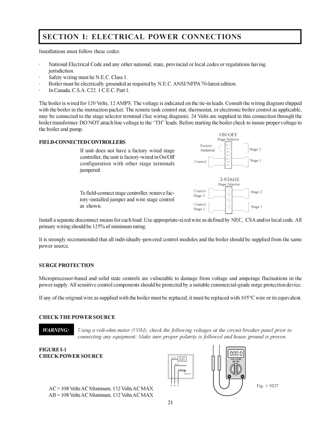 Raypak 302-902 Section I Electrical Power Connections, Field-Connectedcontrollers, Surge Protection, Check Power Source 