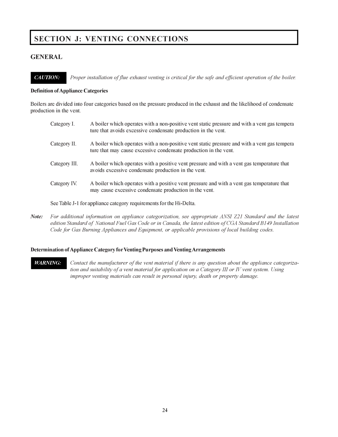 Raypak 302-902 manual Section J Venting Connections, Definition ofAppliance Categories 