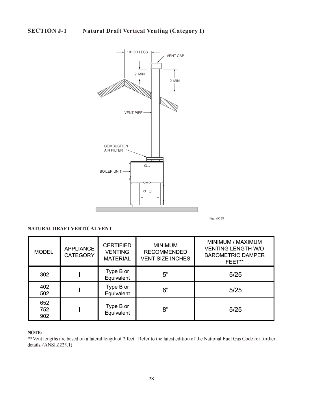 Raypak 302-902 manual Section J-1 Natural Draft Vertical Venting Category, Natural Draft Verticalvent 