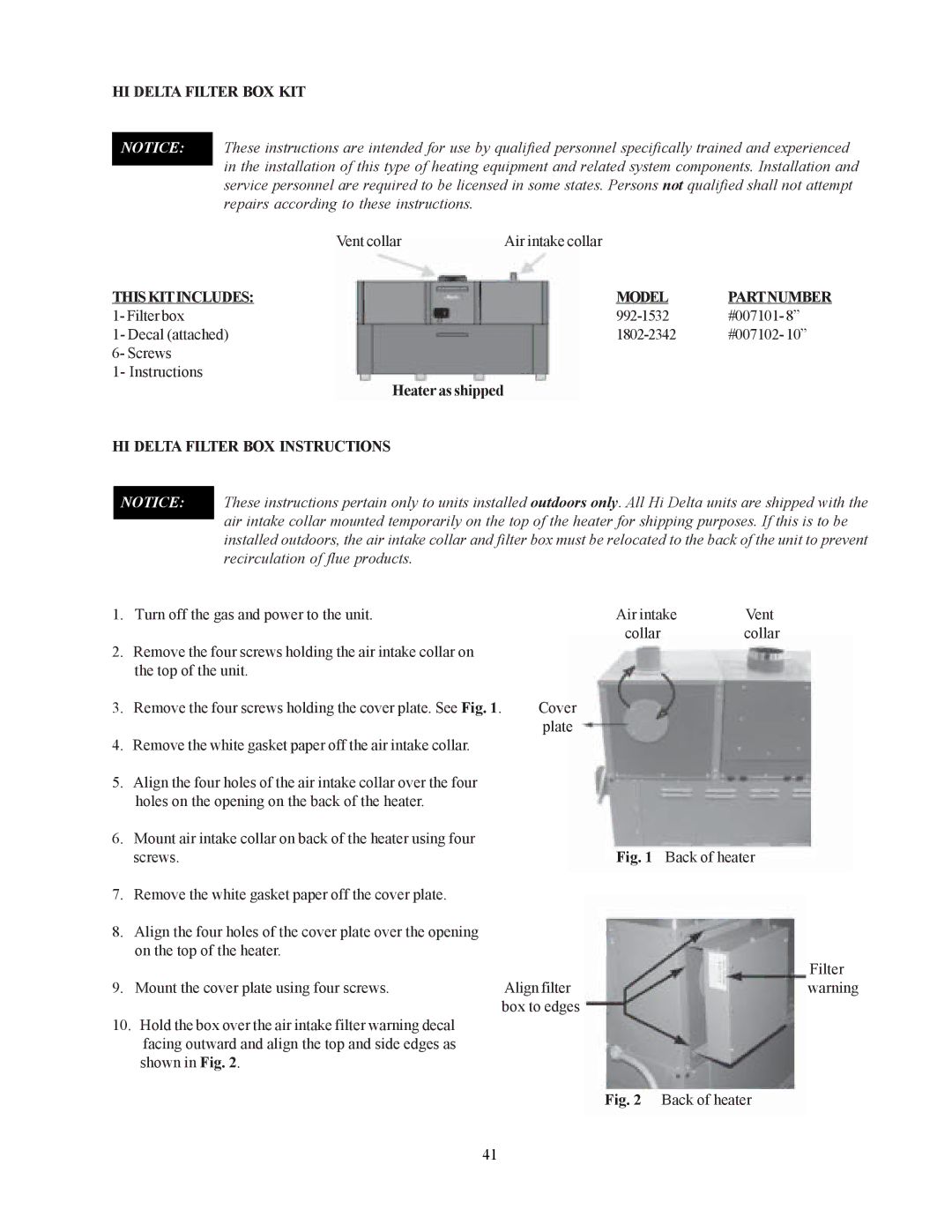 Raypak 302-902 manual HI Delta Filter BOX KIT, Thiskitincludes Model Partnumber, HI Delta Filter BOX Instructions 