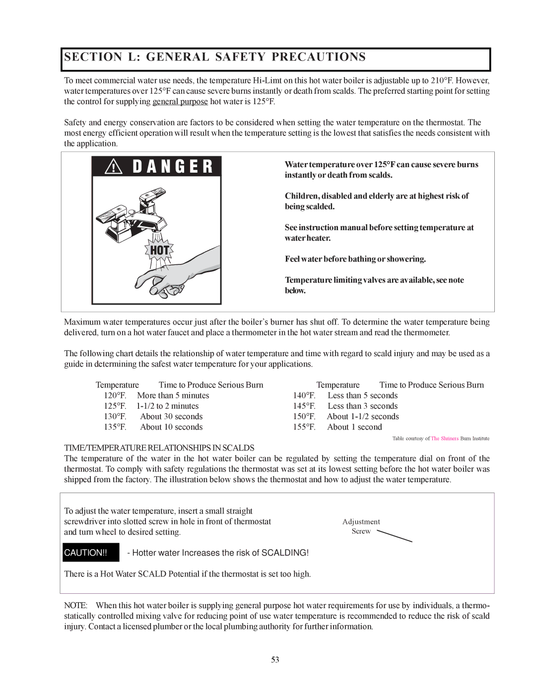 Raypak 302-902 manual Section L General Safety Precautions, TIME/TEMPERATURE Relationships in Scalds 