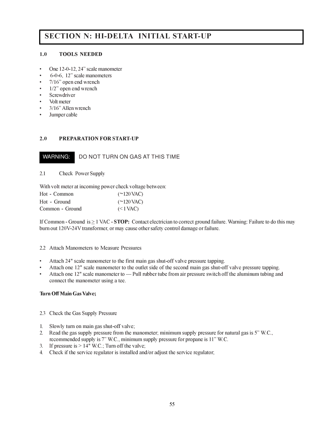 Raypak 302-902 manual Section N HI-DELTA Initial START-UP, Tools Needed, Preparation for START-UP, Turn Off Main Gas Valve 