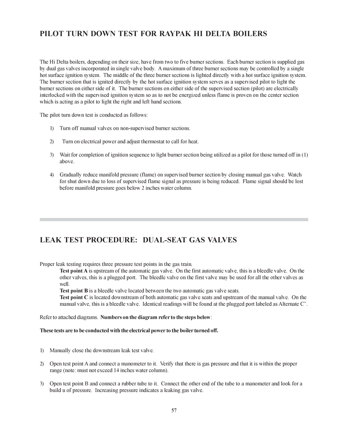 Raypak 302-902 manual Pilot Turn Down Test for Raypak HI Delta Boilers, Leak Test Procedure DUAL-SEAT GAS Valves 