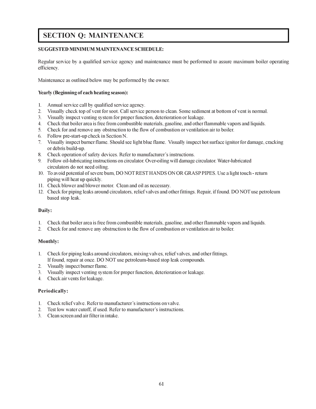 Raypak 302-902 manual Section Q Maintenance, Suggested Minimum Maintenance Schedule 