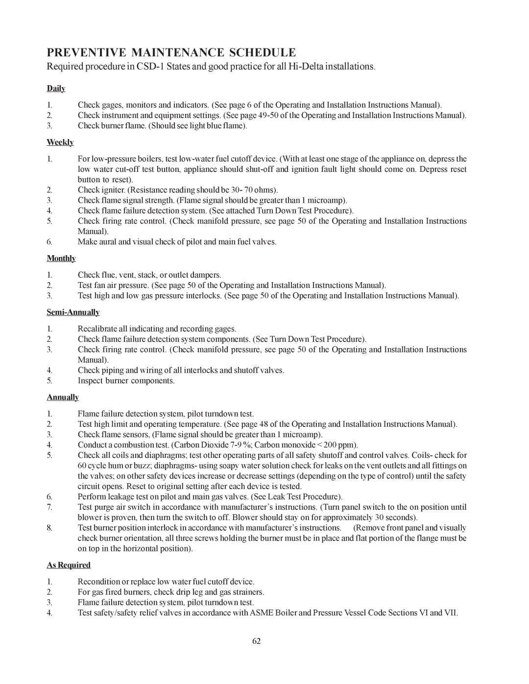 Raypak 302-902 manual Preventive Maintenance Schedule, Weekly, Semi-Annually, As Required 