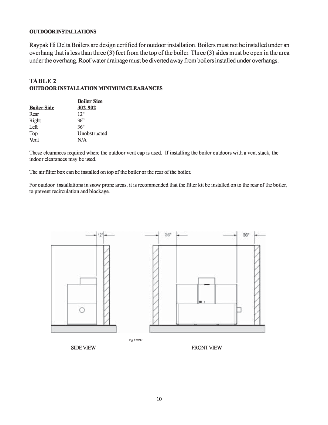 Raypak 302-902 manual Outdoorinstallations, Outdoor Installation Minimum Clearances, Boiler Size, Boiler Side 