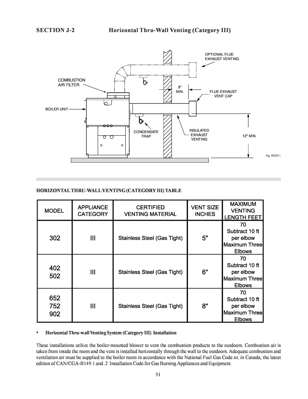 Raypak 302-902 manual SECTION J-2, Horizontal Thru-WallVenting Category, Horizontalthru-Wallventingcategory Iii Table 