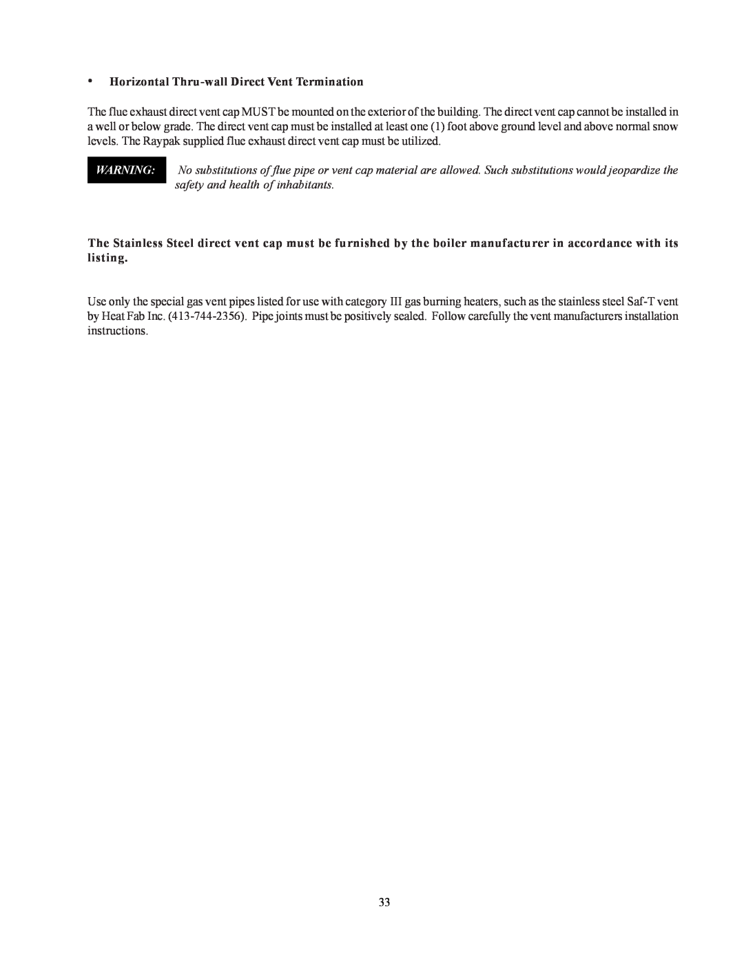 Raypak 302-902 manual Horizontal Thru-wallDirect Vent Termination 