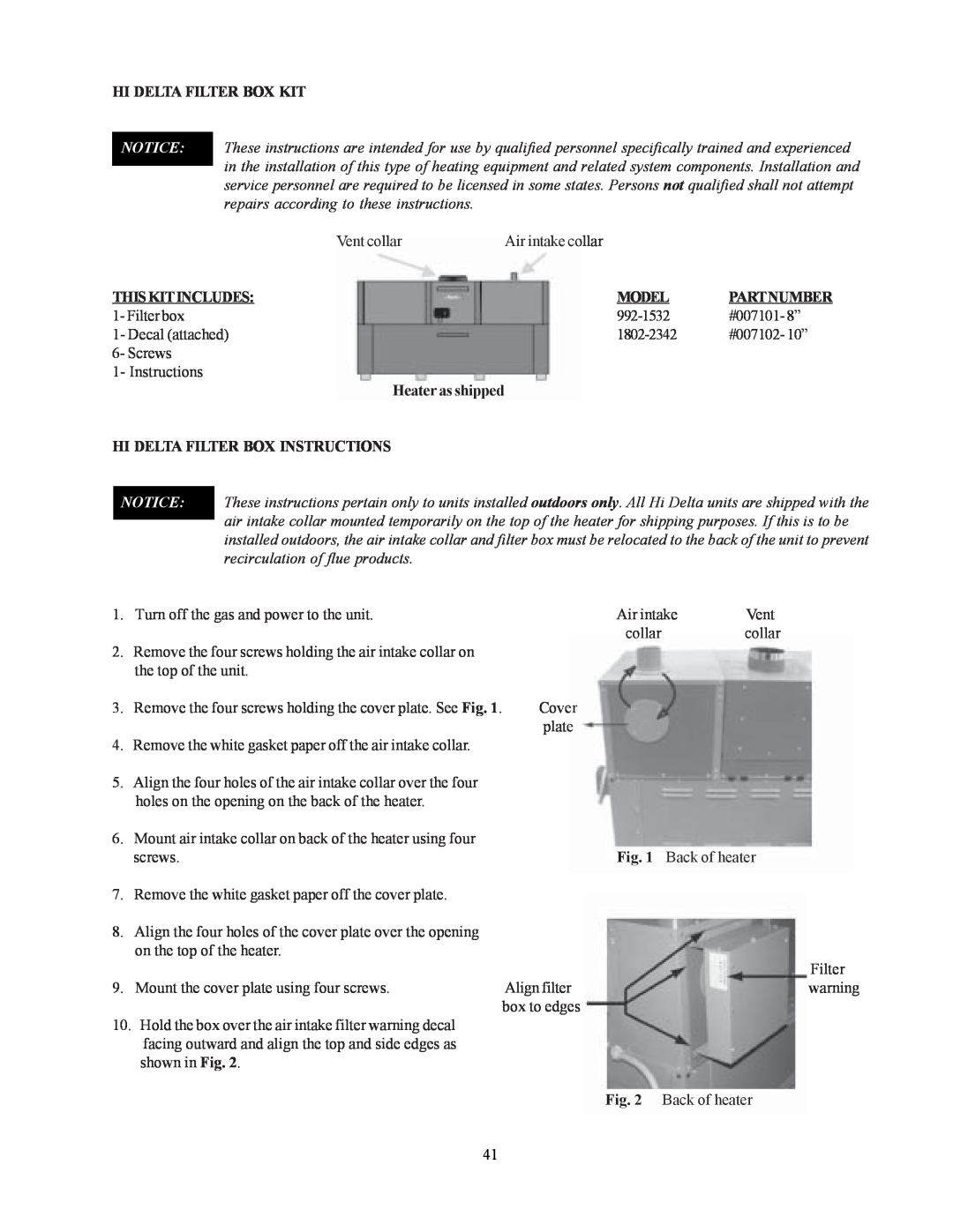Raypak 302-902 manual Hi Delta Filter Box Kit, Thiskitincludes, Model, Partnumber, Heater as shipped 