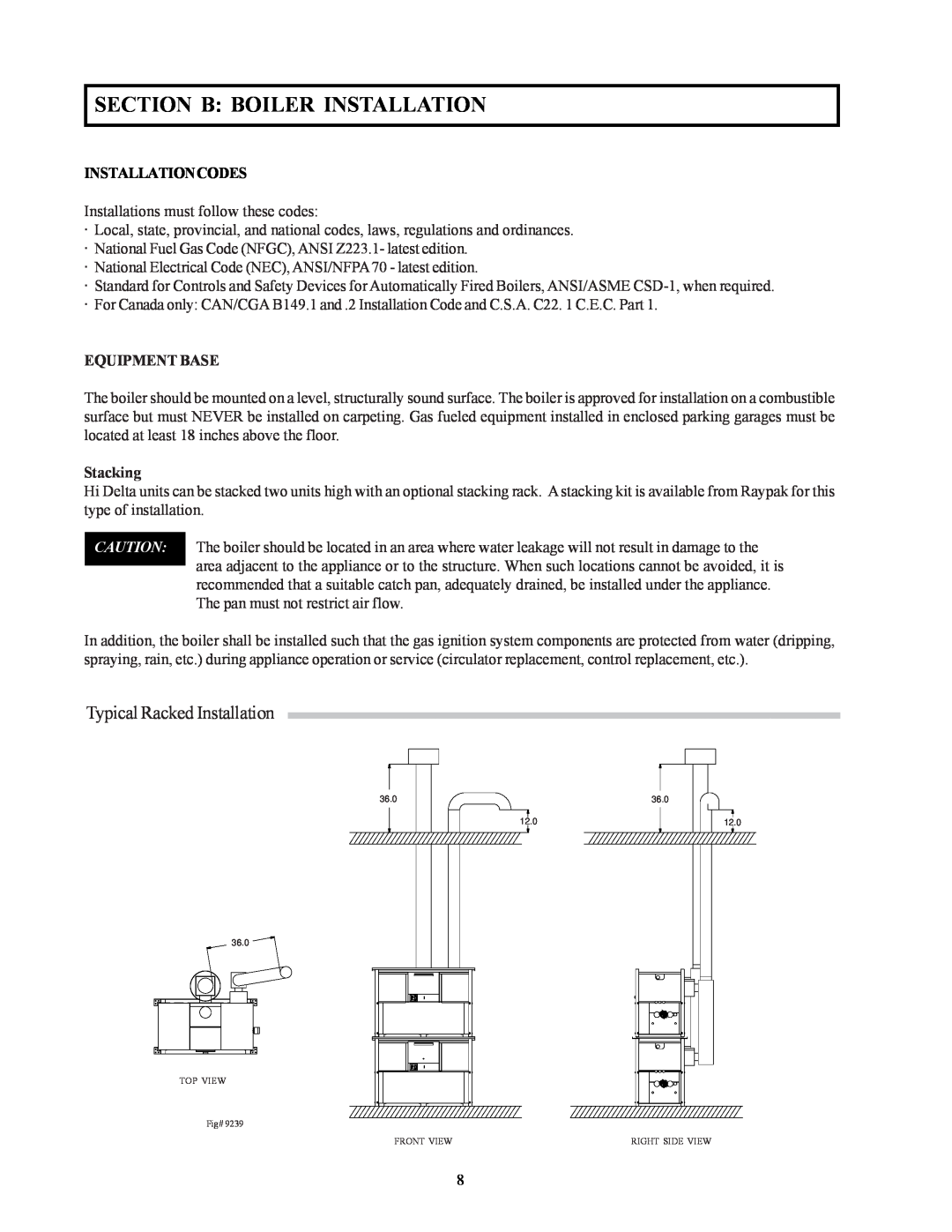Raypak 302-902 Section B Boiler Installation, Typical Racked Installation, Installationcodes, Equipment Base, Stacking 