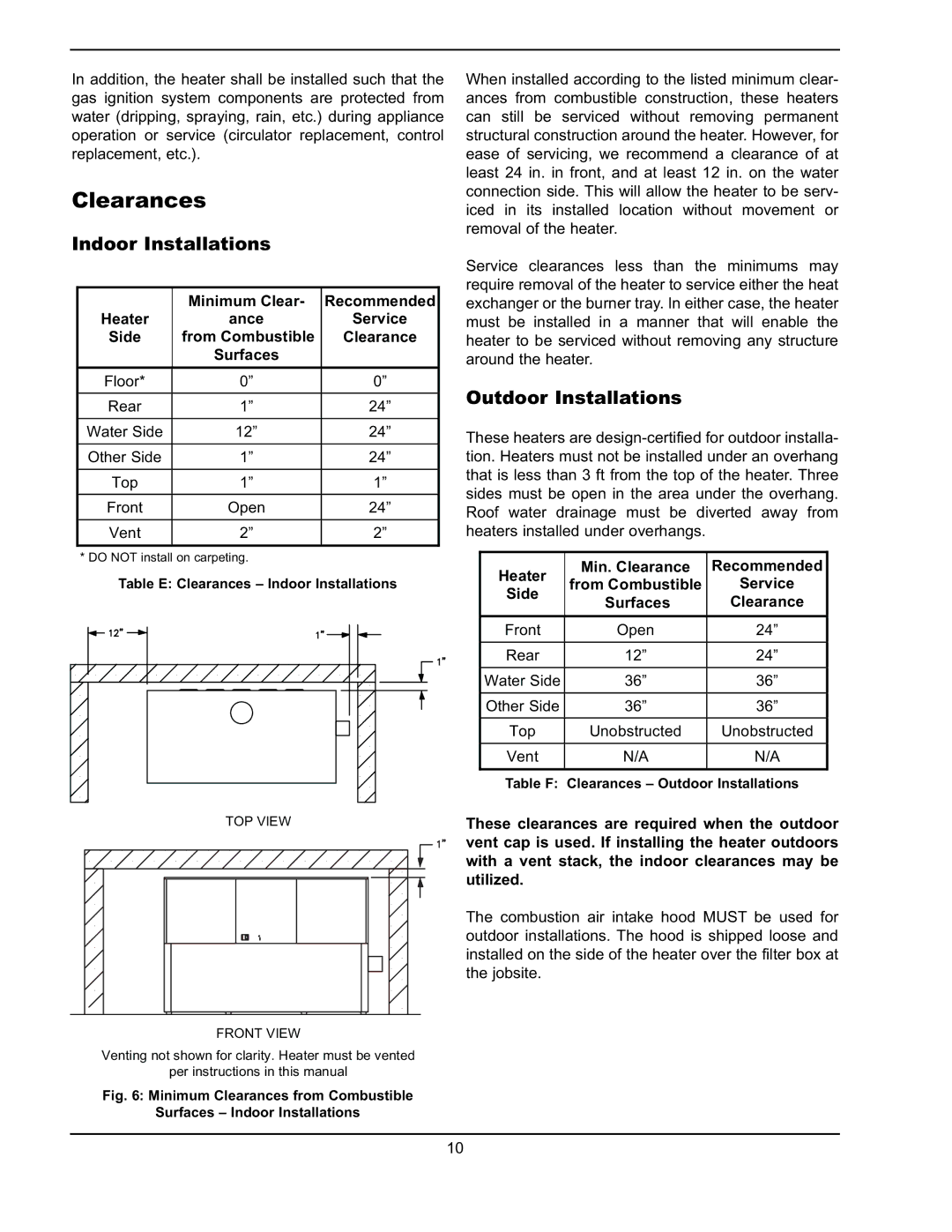 Raypak 302A-902A manual Clearances, Indoor Installations, Outdoor Installations 