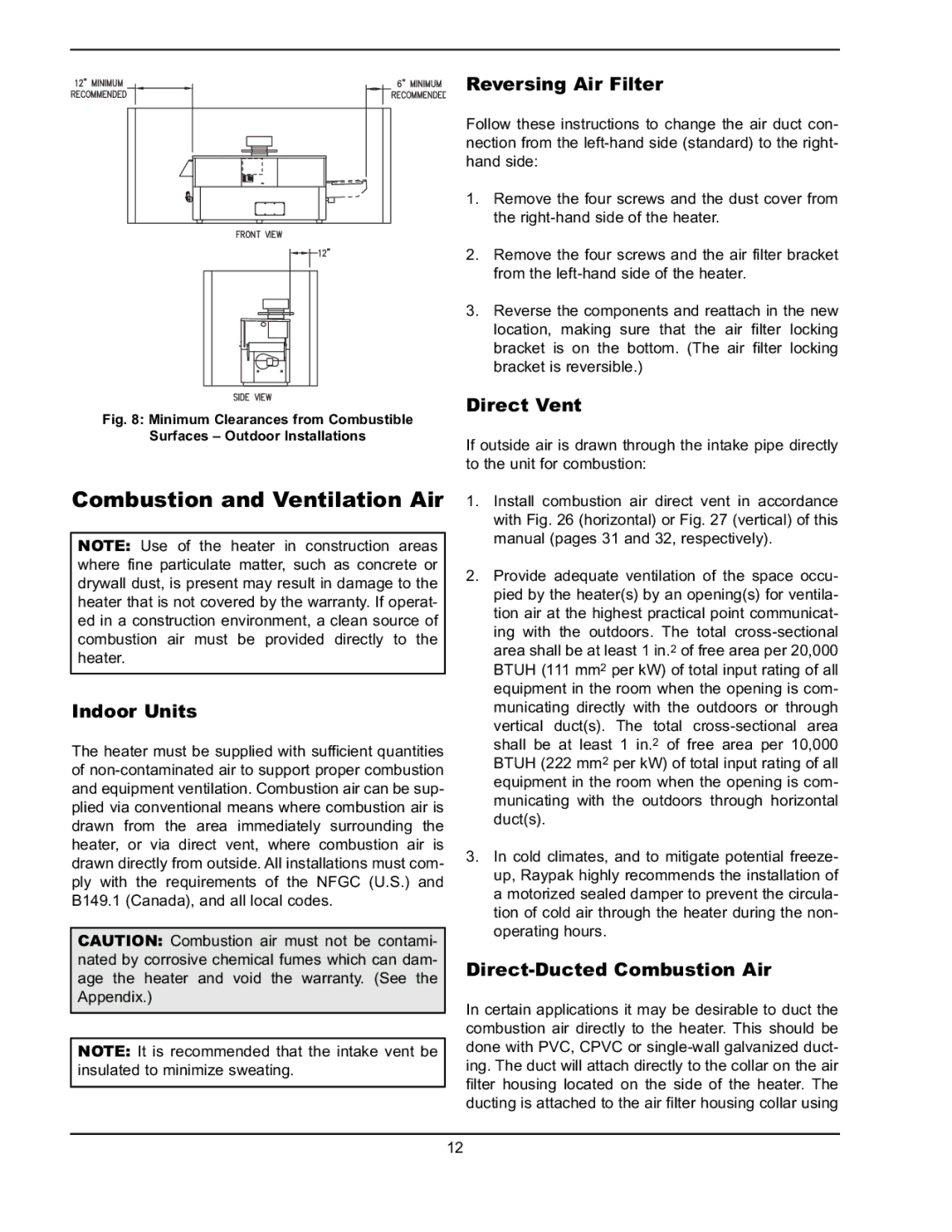 Raypak 302A-902A manual Combustion and Ventilation Air, Indoor Units, Reversing Air Filter, Direct Vent 