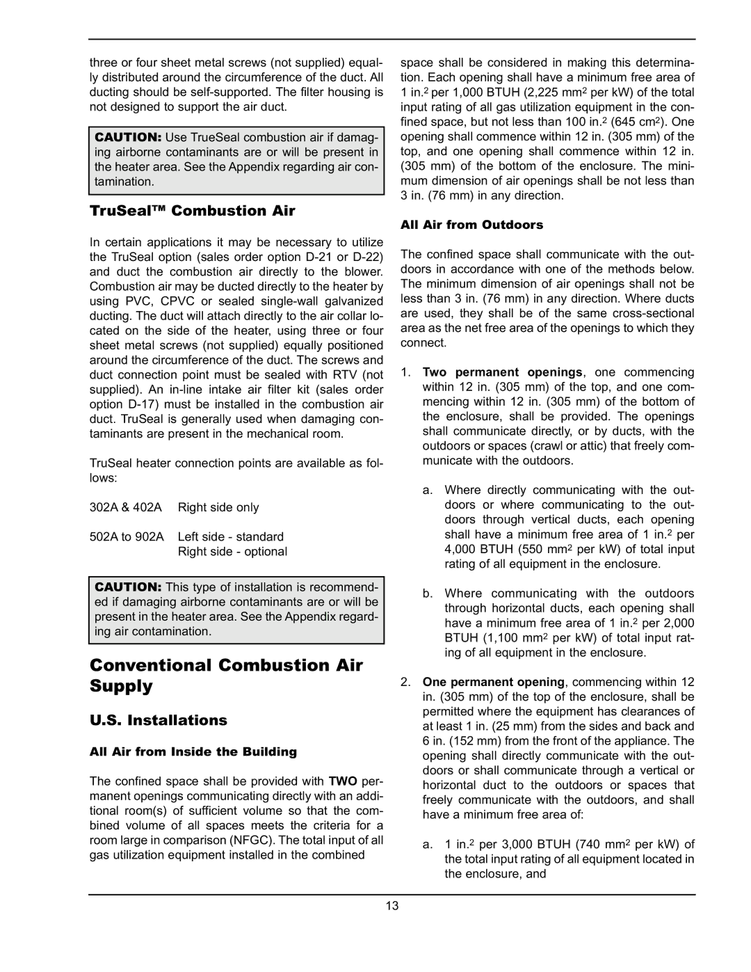 Raypak 302A-902A manual Conventional Combustion Air Supply, TruSeal Combustion Air, Installations, All Air from Outdoors 