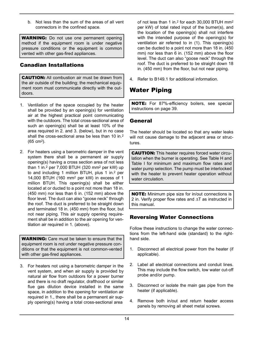 Raypak 302A-902A manual Water Piping, Canadian Installations, General, Reversing Water Connections 