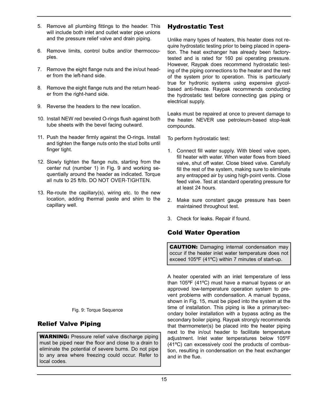 Raypak 302A-902A manual Relief Valve Piping Hydrostatic Test, Cold Water Operation 