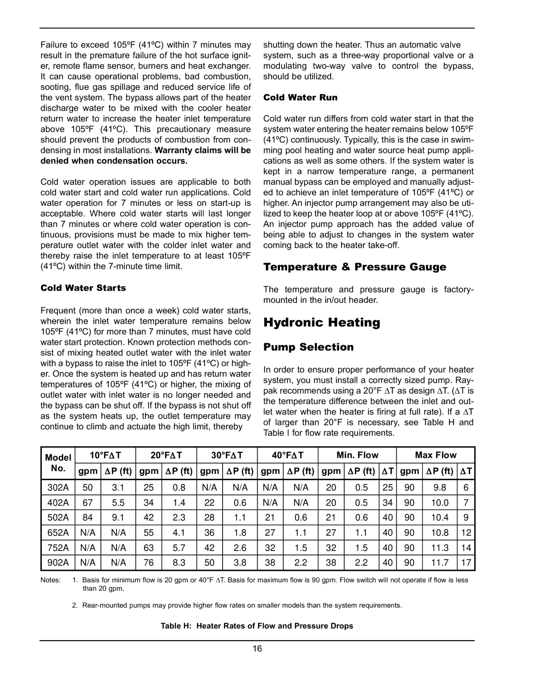 Raypak 302A-902A manual Hydronic Heating, Temperature & Pressure Gauge, Pump Selection, Min. Flow Max Flow Gpm 