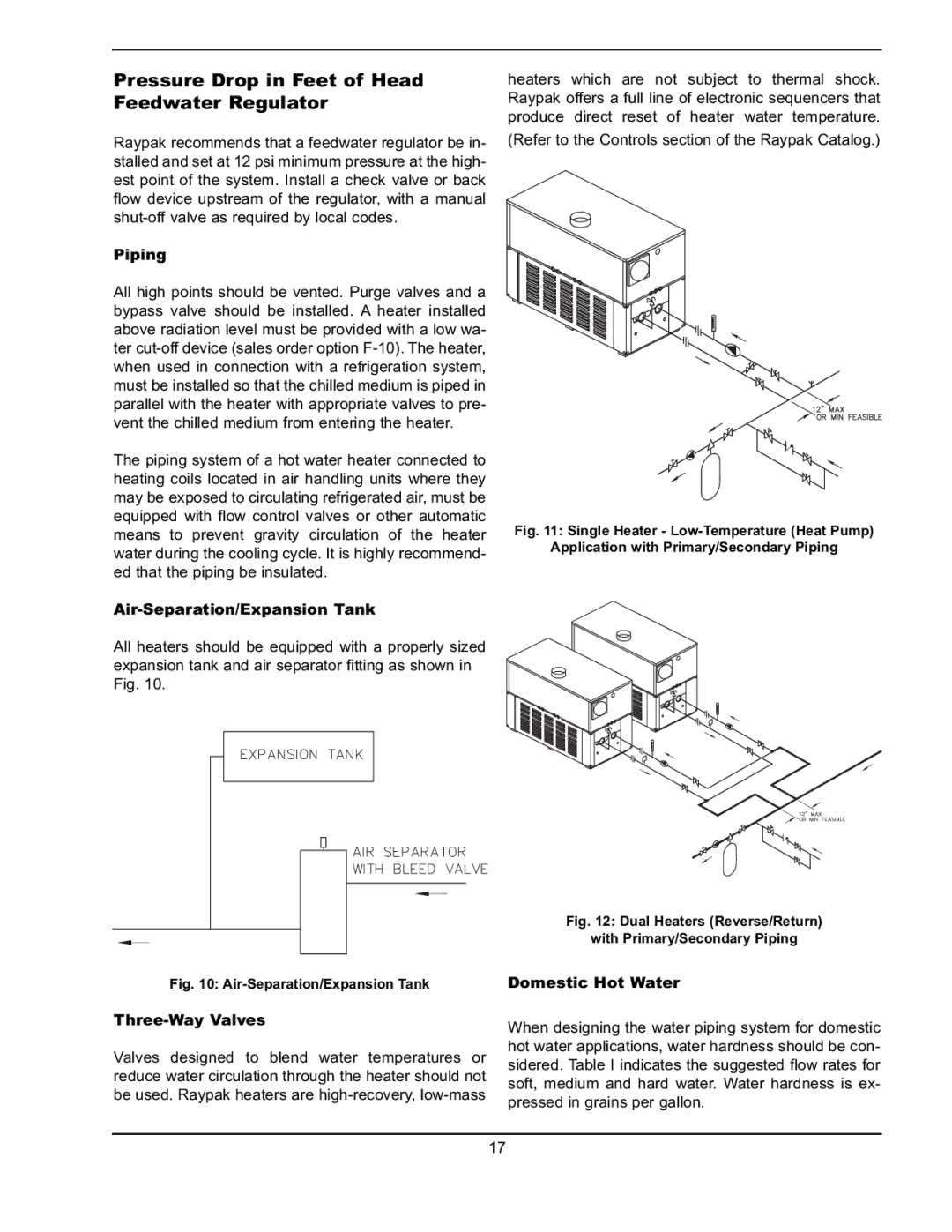 Raypak 302A-902A manual Pressure Drop in Feet of Head Feedwater Regulator, Piping, Air-Separation/Expansion Tank 