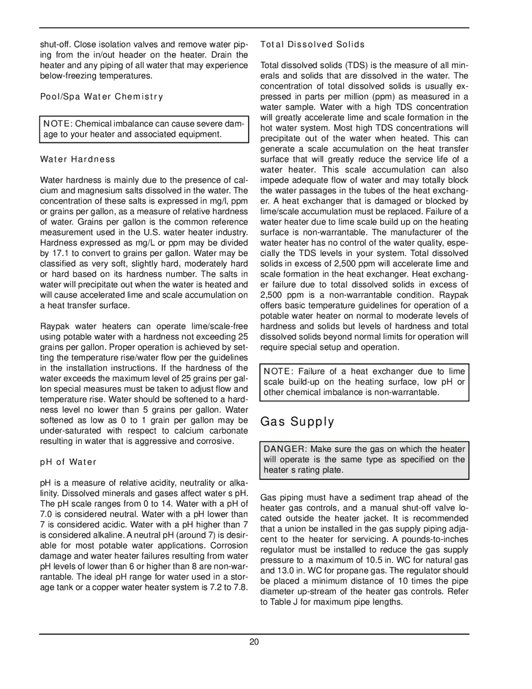 Raypak 302A-902A manual Gas Supply, Pool/Spa Water Chemistry Water Hardness, PH of Water, Total Dissolved Solids 