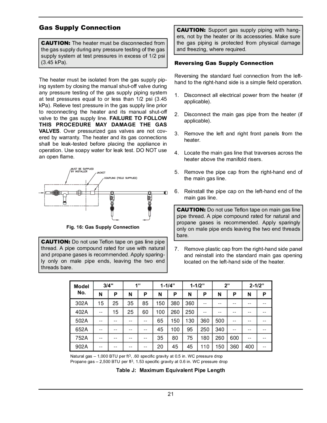 Raypak 302A-902A manual Reversing Gas Supply Connection, Table J Maximum Equivalent Pipe Length 