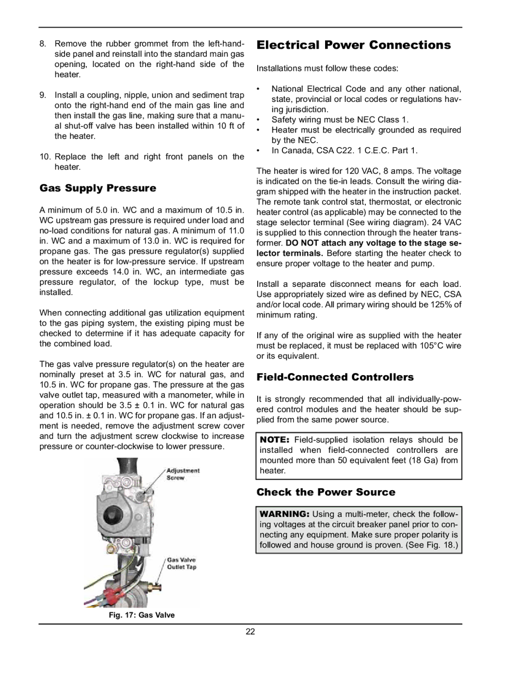 Raypak 302A-902A Electrical Power Connections, Gas Supply Pressure, Field-Connected Controllers, Check the Power Source 