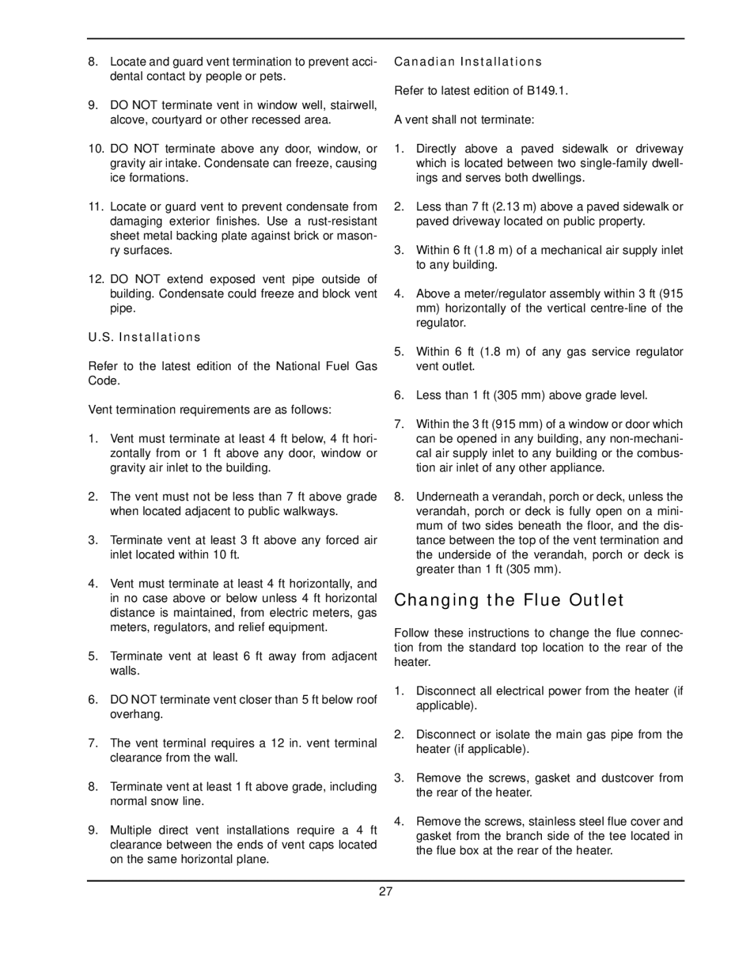 Raypak 302A-902A manual Changing the Flue Outlet, Canadian Installations 