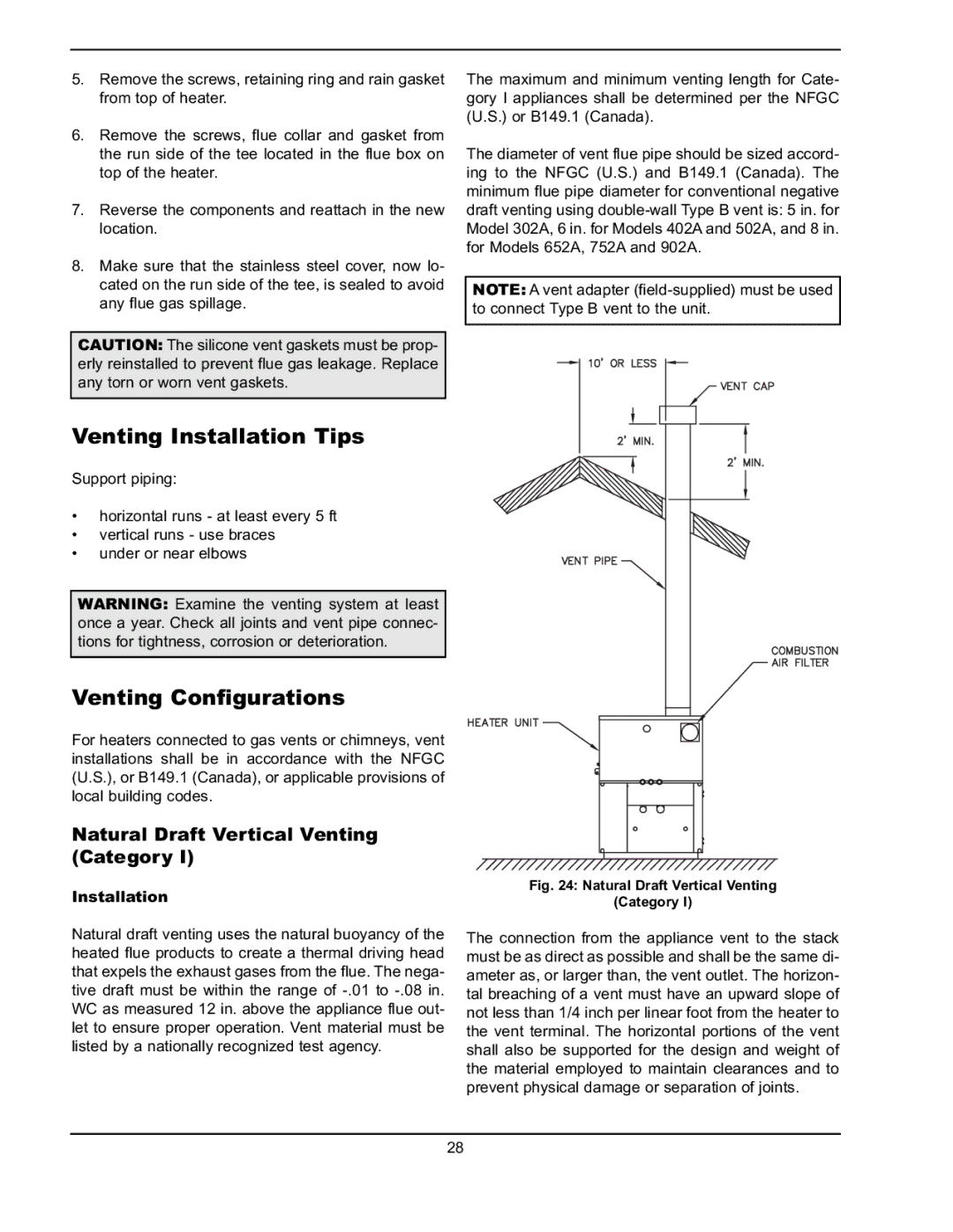 Raypak 302A-902A manual Venting Installation Tips, Venting Configurations, Natural Draft Vertical Venting Category 