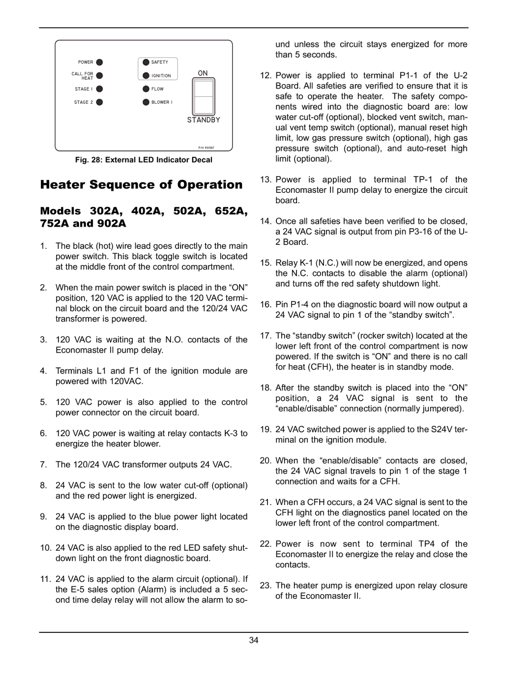 Raypak 302A-902A manual Heater Sequence of Operation, Models 302A, 402A, 502A, 652A, 752A and 902A 