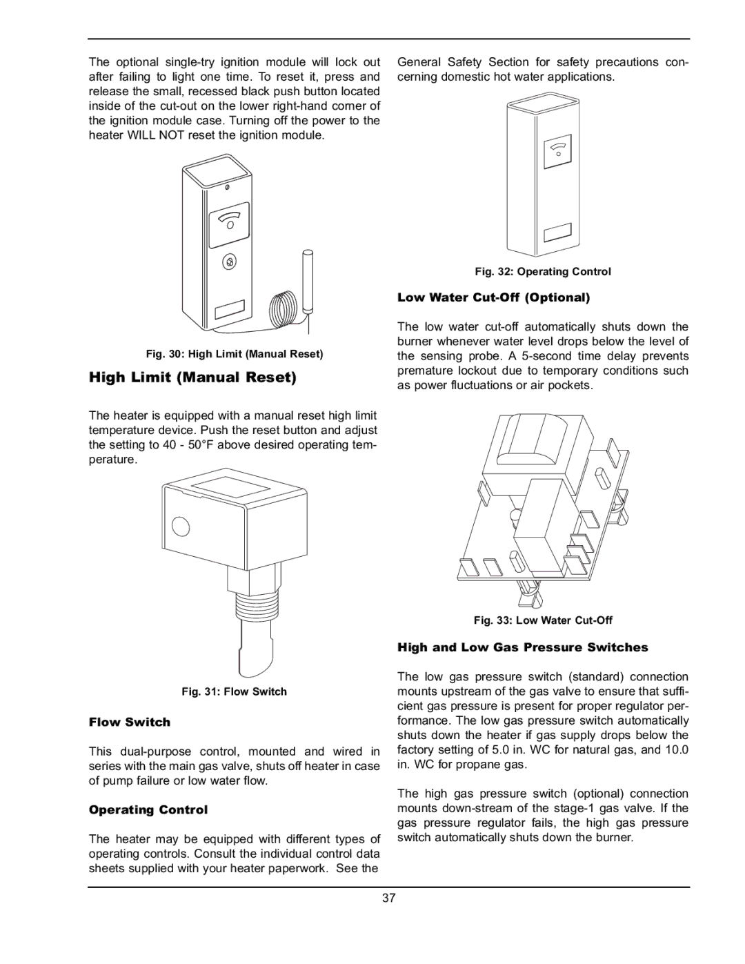 Raypak 302A-902A manual High Limit Manual Reset, Flow Switch, Operating Control, Low Water Cut-Off Optional 