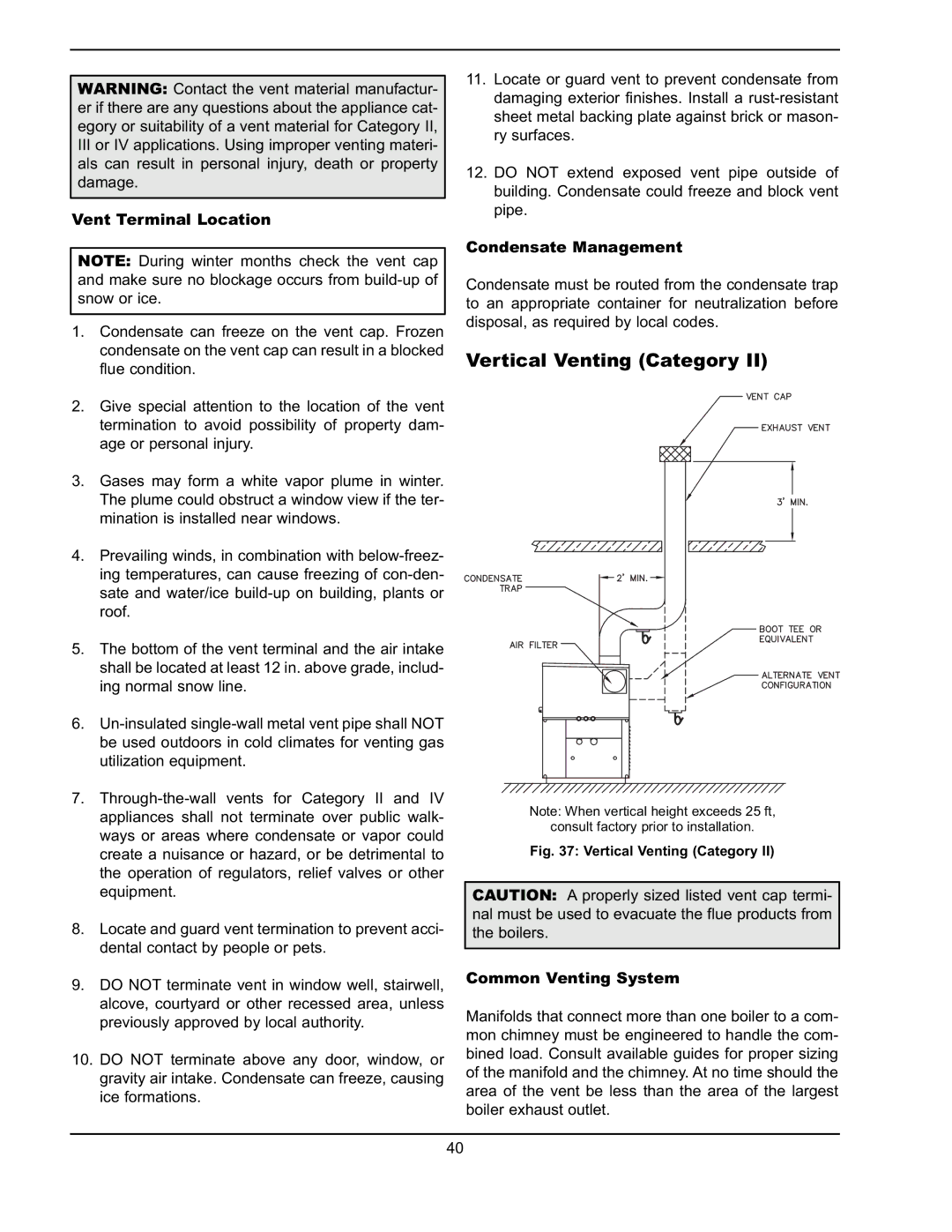 Raypak 302A-902A manual Vertical Venting Category, Vent Terminal Location, Condensate Management 