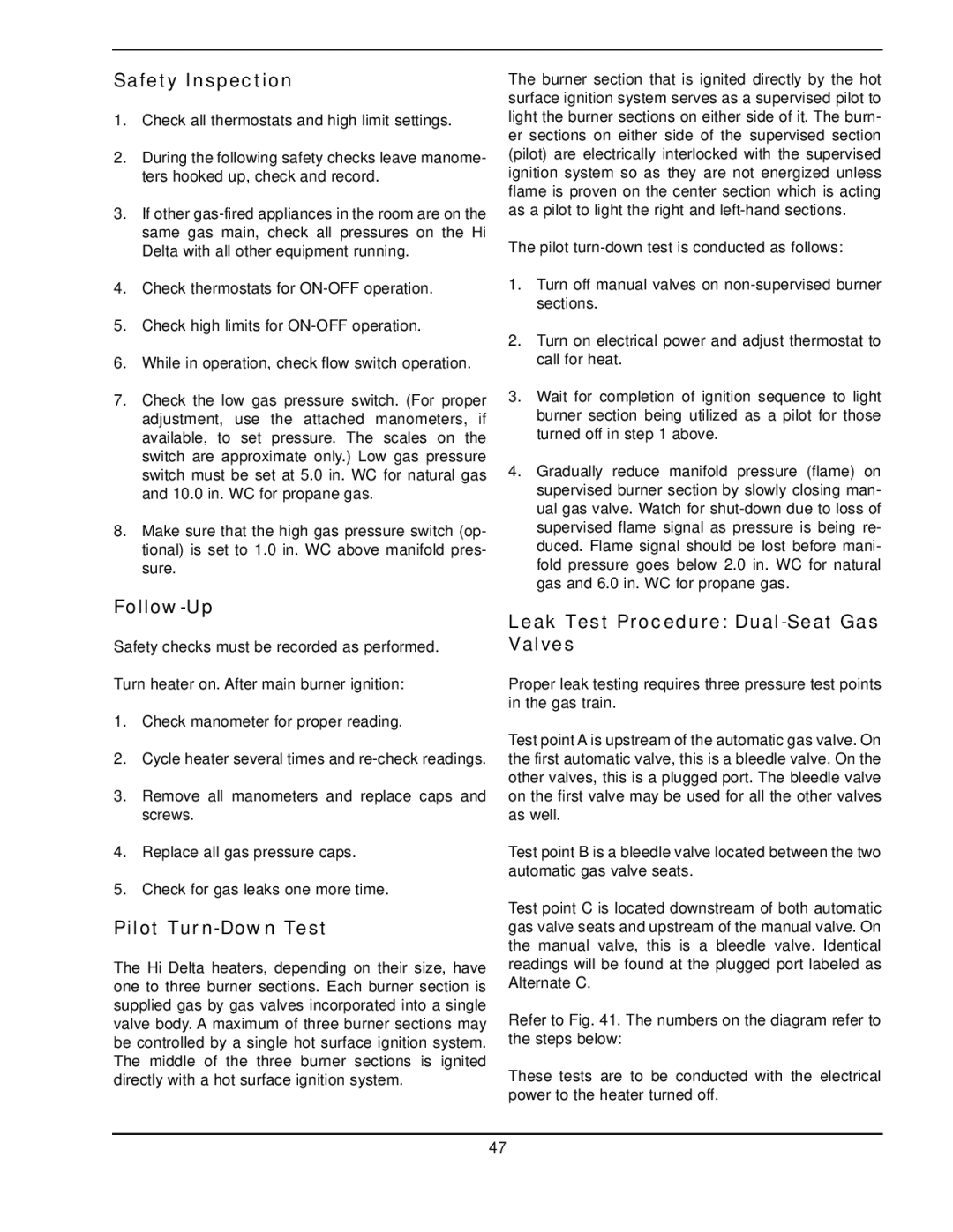 Raypak 302A-902A manual Safety Inspection, Follow-Up, Pilot Turn-Down Test, Leak Test Procedure Dual-Seat Gas Valves 