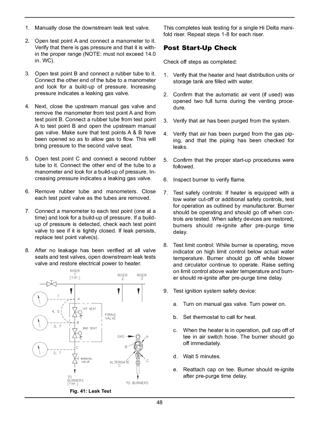 Raypak 302A-902A manual Post Start-Up Check, Leak Test 