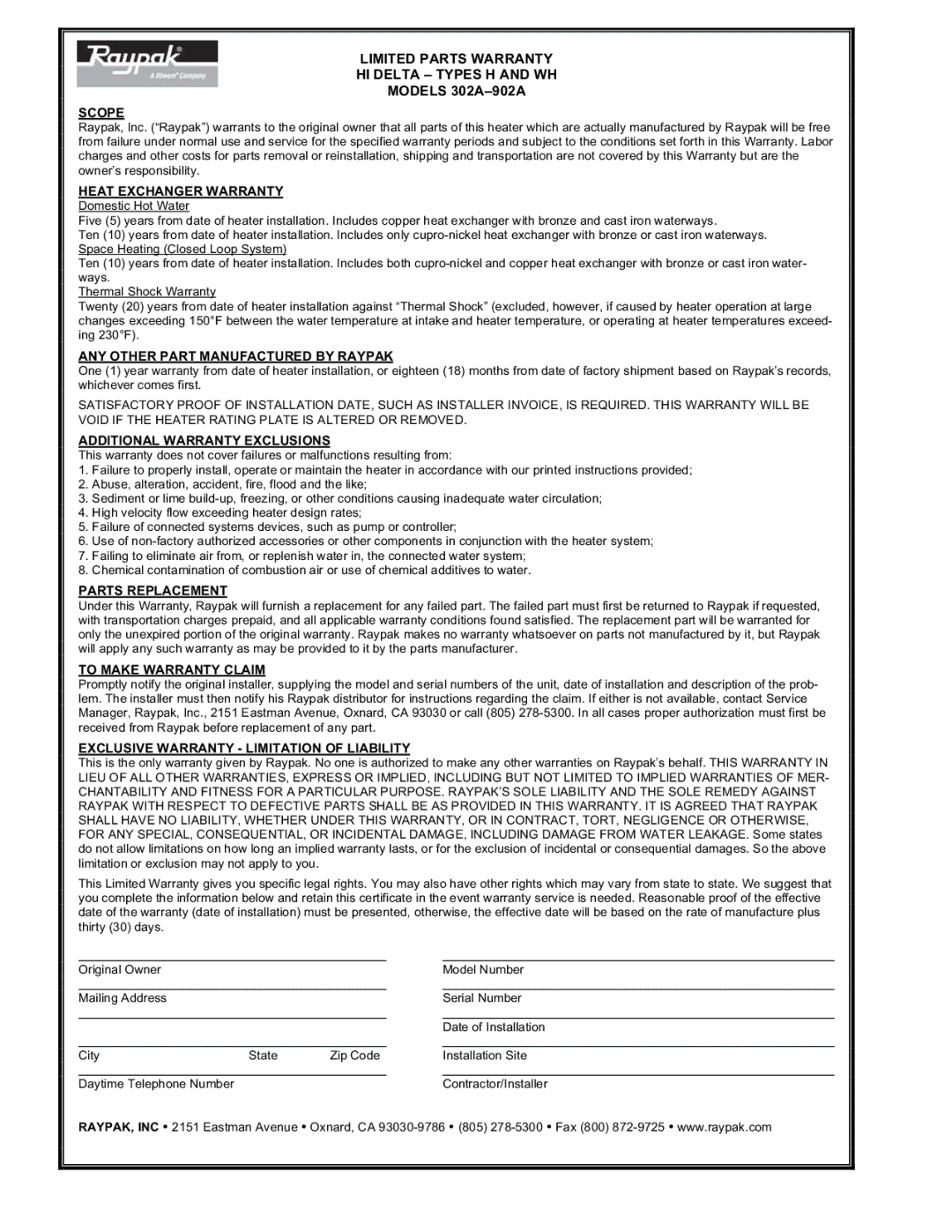 Raypak 302A-902A manual Limited Parts Warranty HI Delta Types H and WH 