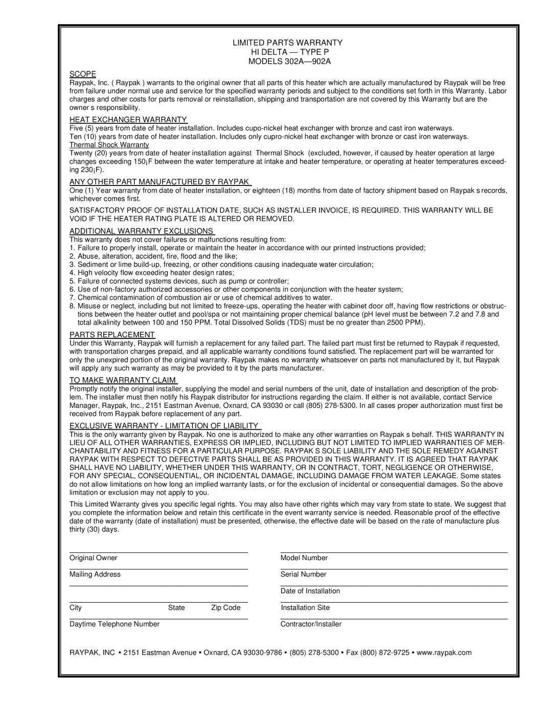 Raypak 302A-902A manual Limited Parts Warranty HI Delta Type P 