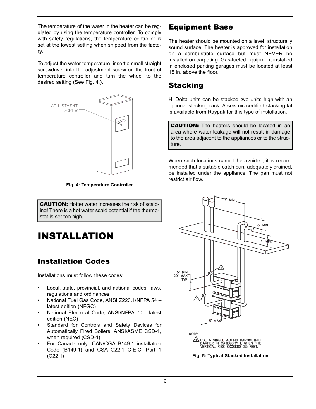 Raypak 302A-902A manual Equipment Base, Stacking, Installation Codes 