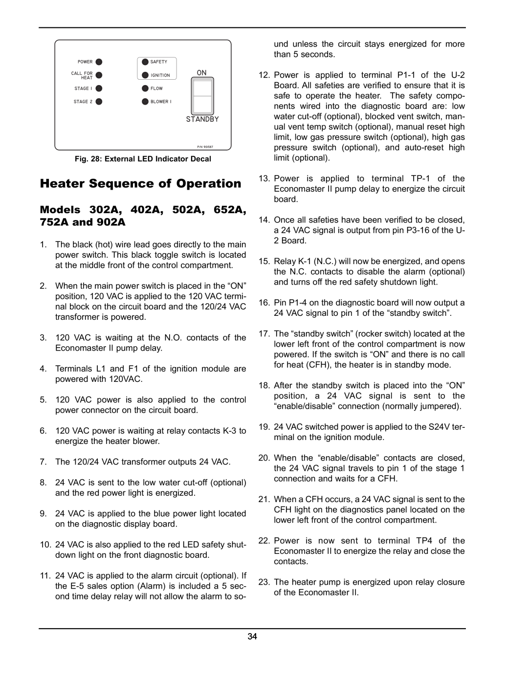 Raypak 302A-902A manual Heater Sequence of Operation, Models 302A, 402A, 502A, 652A, 752A and 902A 