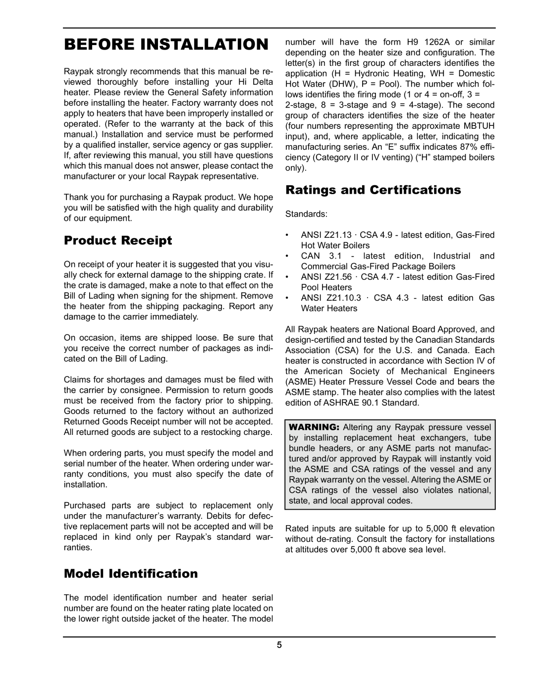 Raypak 302A-902A manual Before Installation, Product Receipt, Model Identification, Ratings and Certifications 