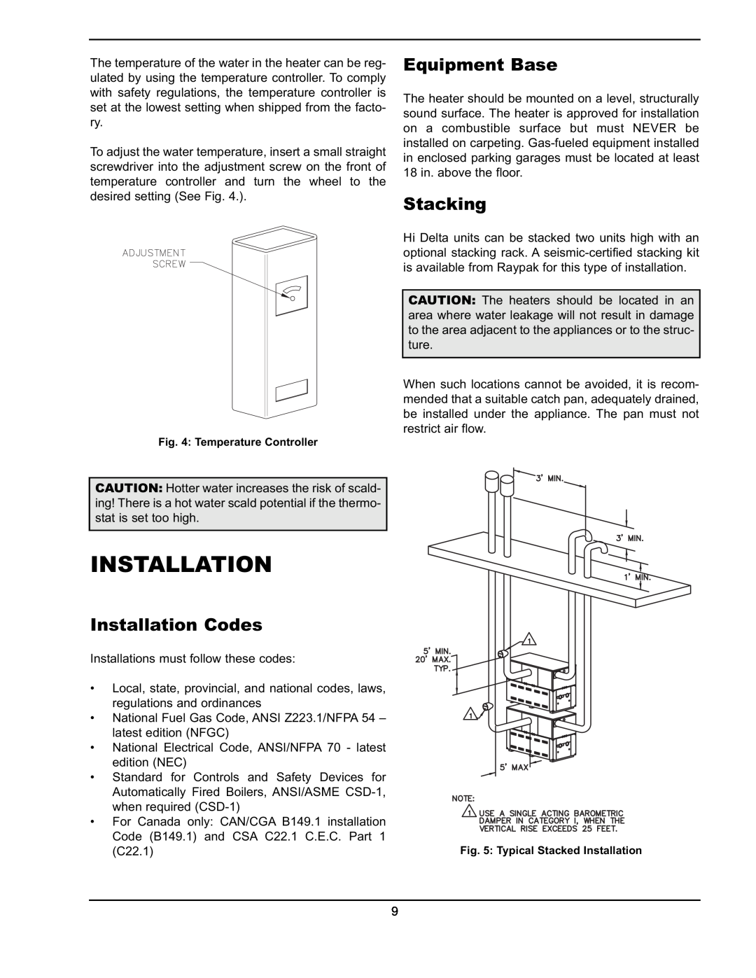 Raypak 302A-902A manual Equipment Base, Stacking, Installation Codes 