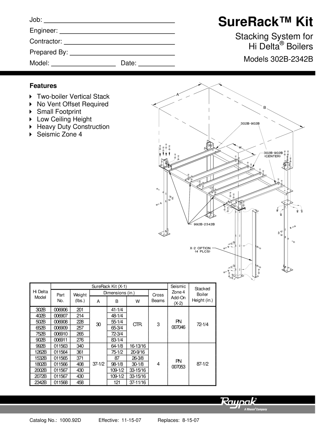 Raypak dimensions SureRack Kit, Stacking System for, Hi Delta Boilers, Models 302B-2342B, Features 