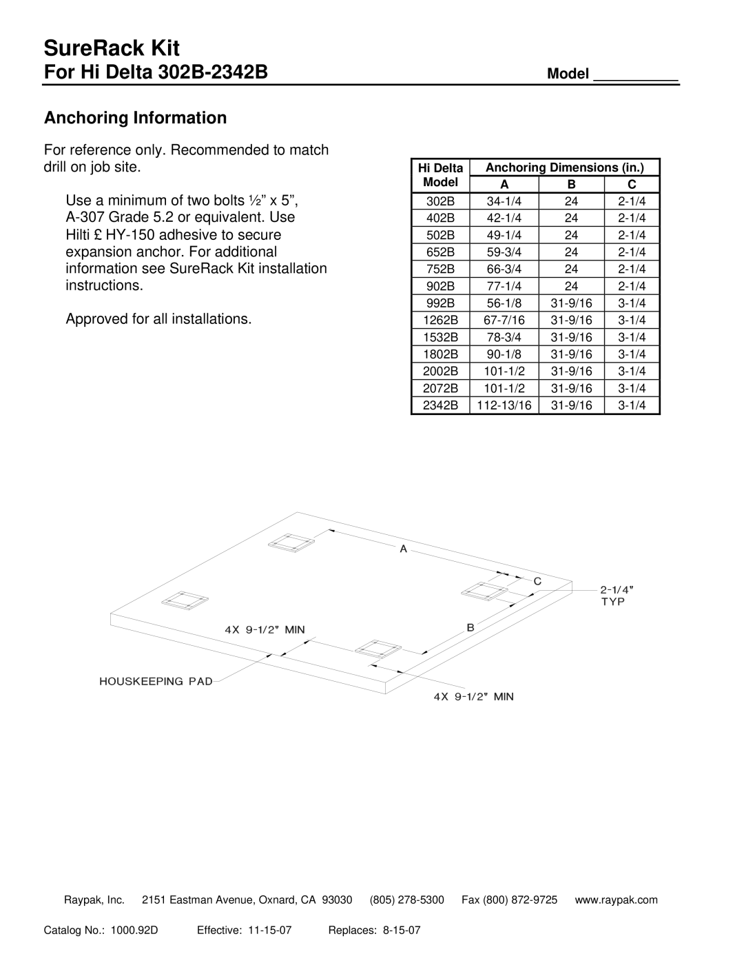 Raypak dimensions SureRack Kit, For Hi Delta 302B-2342B, Anchoring Information, Model 