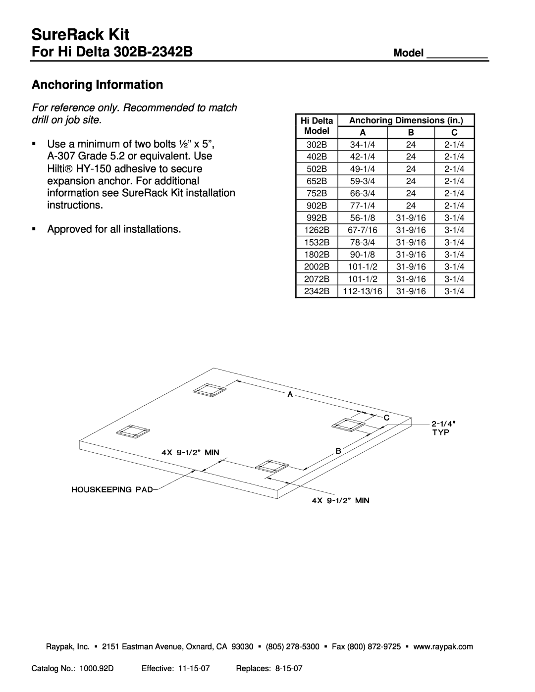 Raypak dimensions Model, ƒApproved for all installations, SureRack Kit, For Hi Delta 302B-2342B, Anchoring Information 