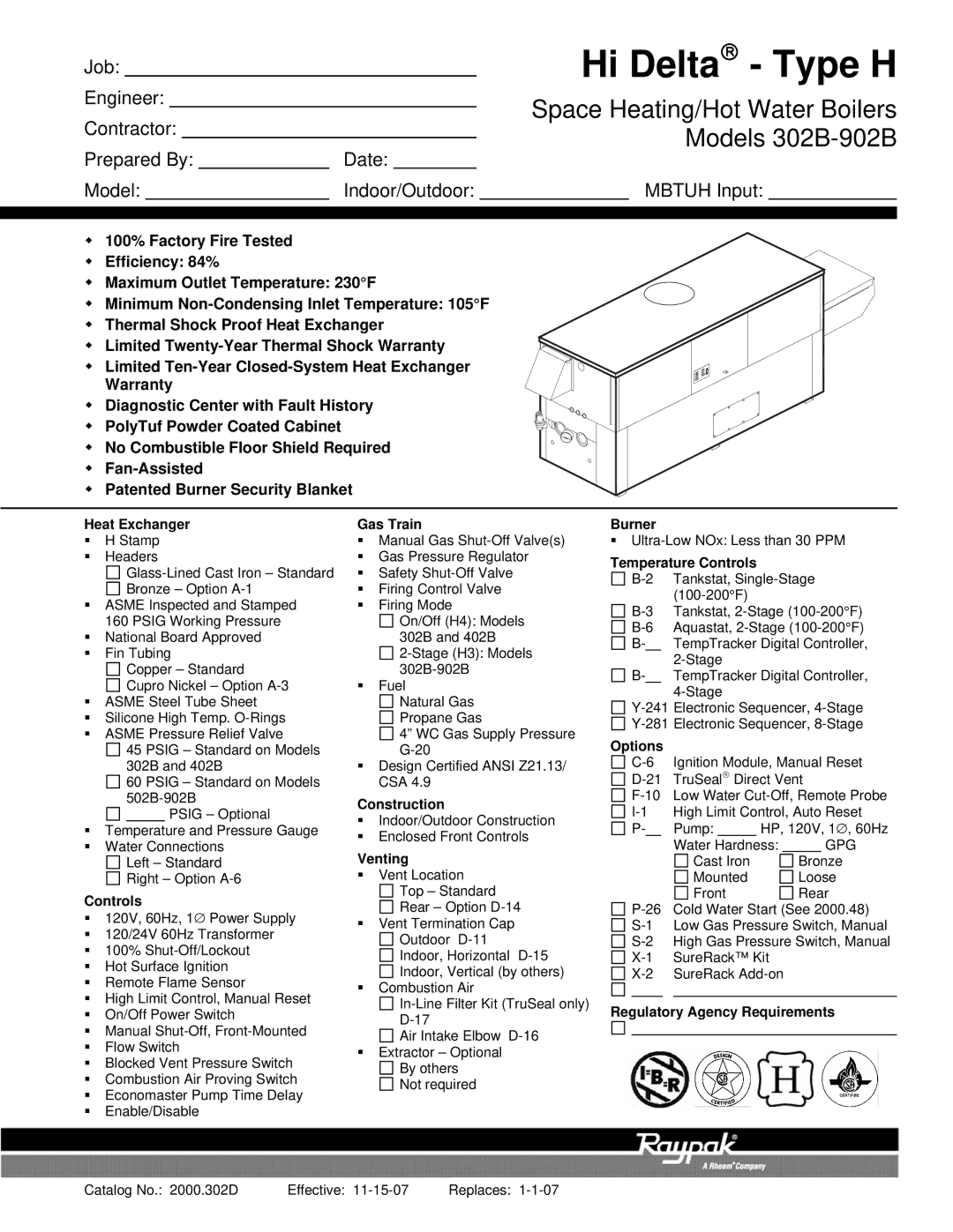 Raypak 302B-902B warranty Heat Exchanger, Gas Train Burner, Temperature Controls, Options, Construction, Venting 