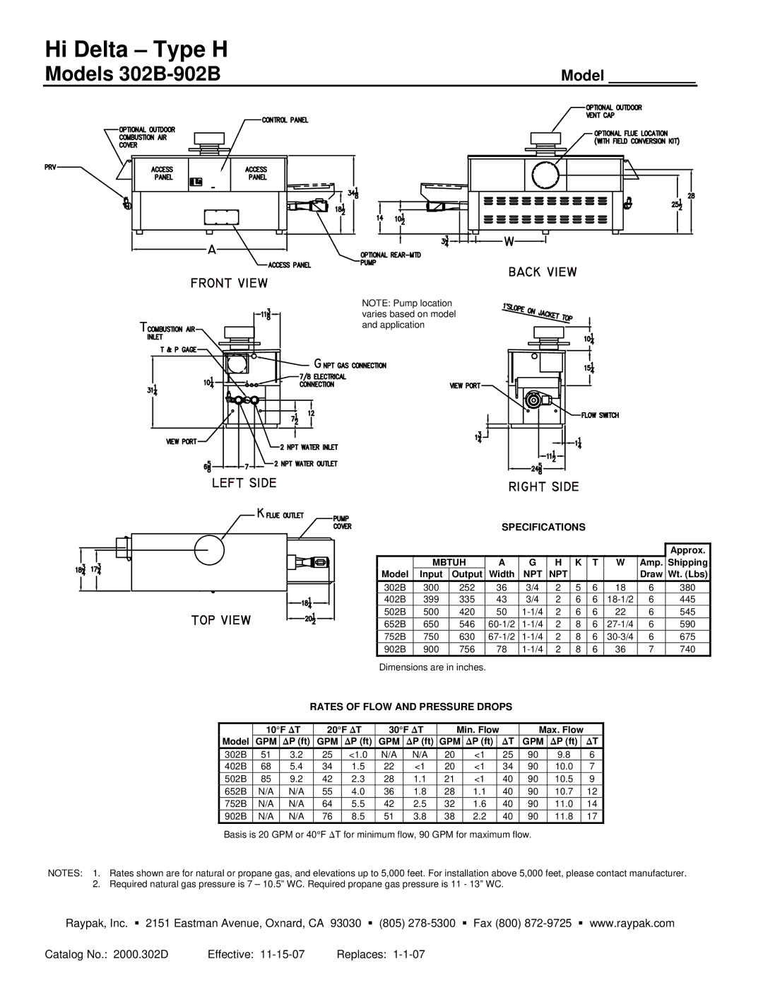 Raypak 302B-902B warranty Specifications, Rates of Flow and Pressure Drops 