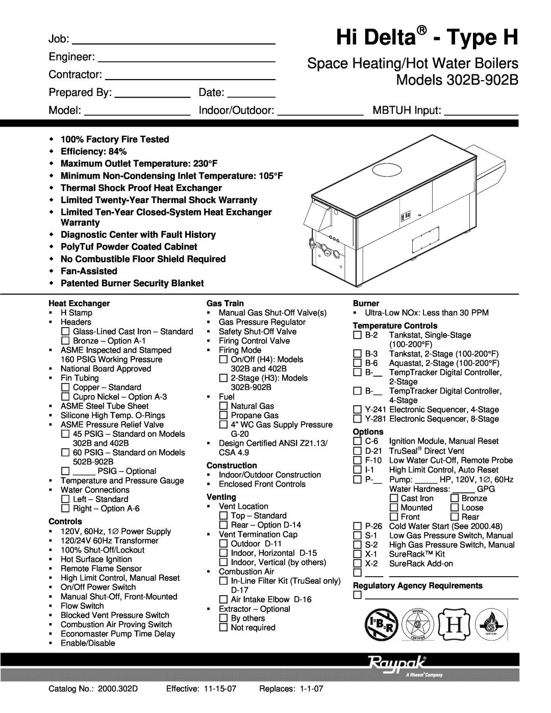 Raypak warranty Hi Delta→ - Type H, Space Heating/Hot Water Boilers, Models 302B-902B, Engineer, Contractor, Date 