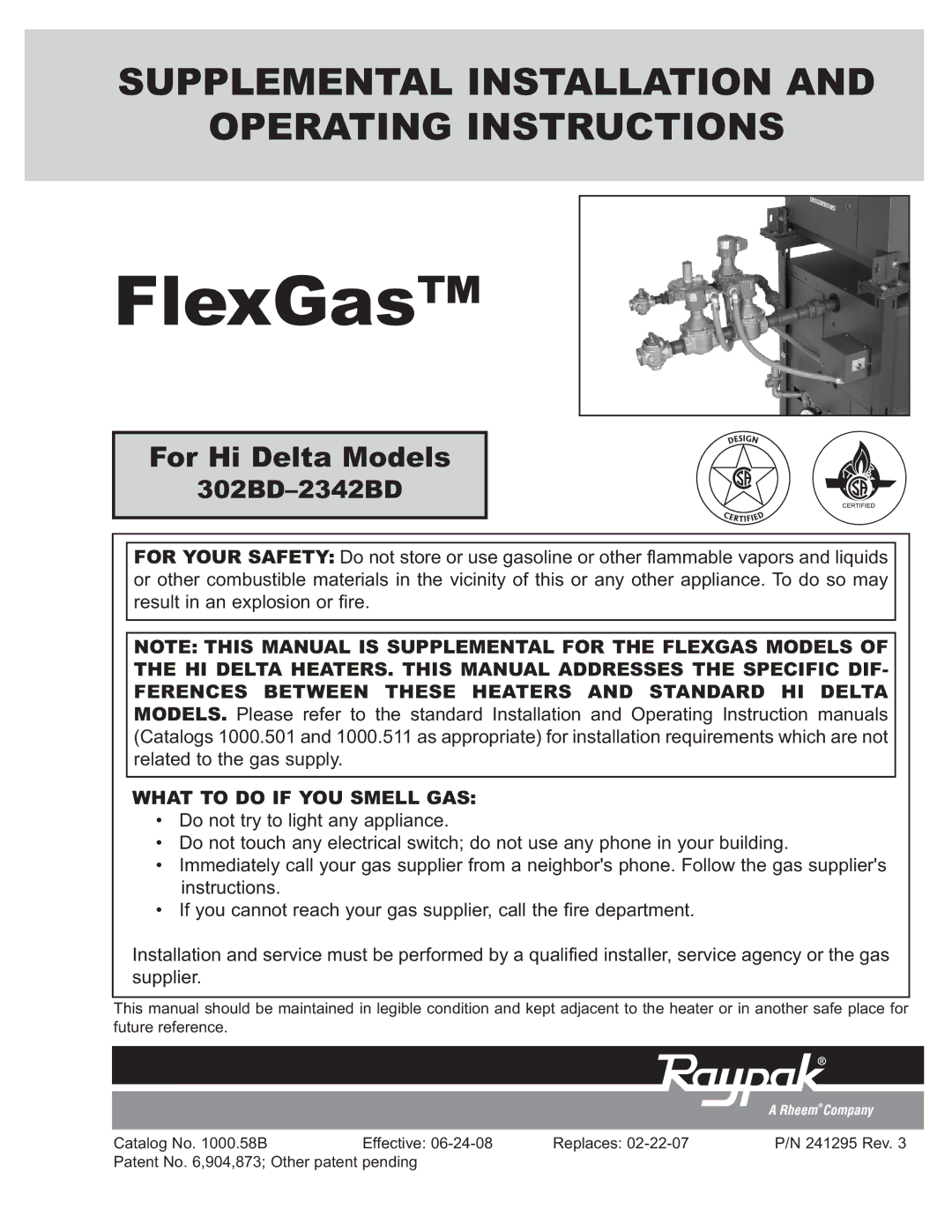 Raypak 302BD-2342BD instruction manual FlexGas 