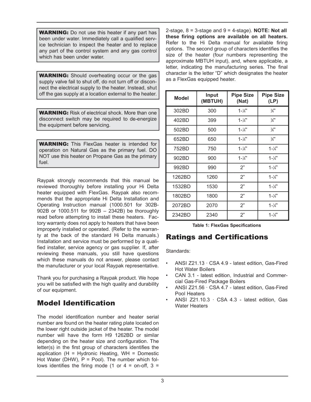 Raypak 302BD-2342BD instruction manual Model Identification, Ratings and Certifications, Model Input Pipe Size, Nat 