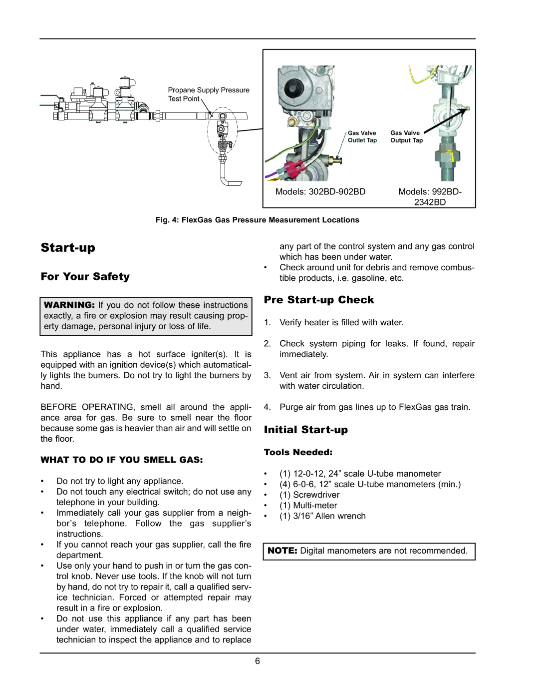 Raypak 302BD-2342BD instruction manual For Your Safety, Pre Start-up Check, Initial Start-up, Tools Needed 