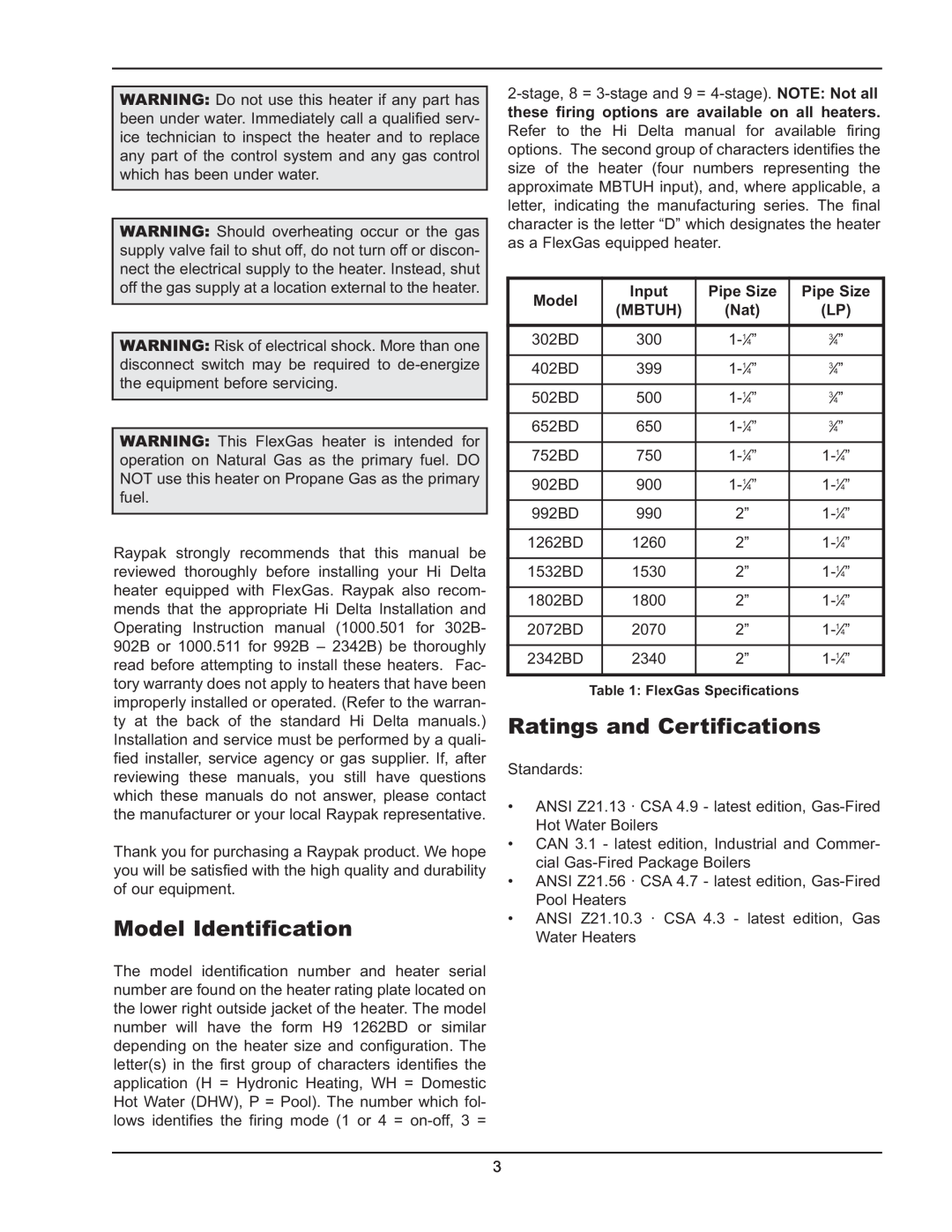 Raypak 302BD-2342BD instruction manual Model Identification, Ratings and Certifications, Input, Pipe Size, Mbtuh 