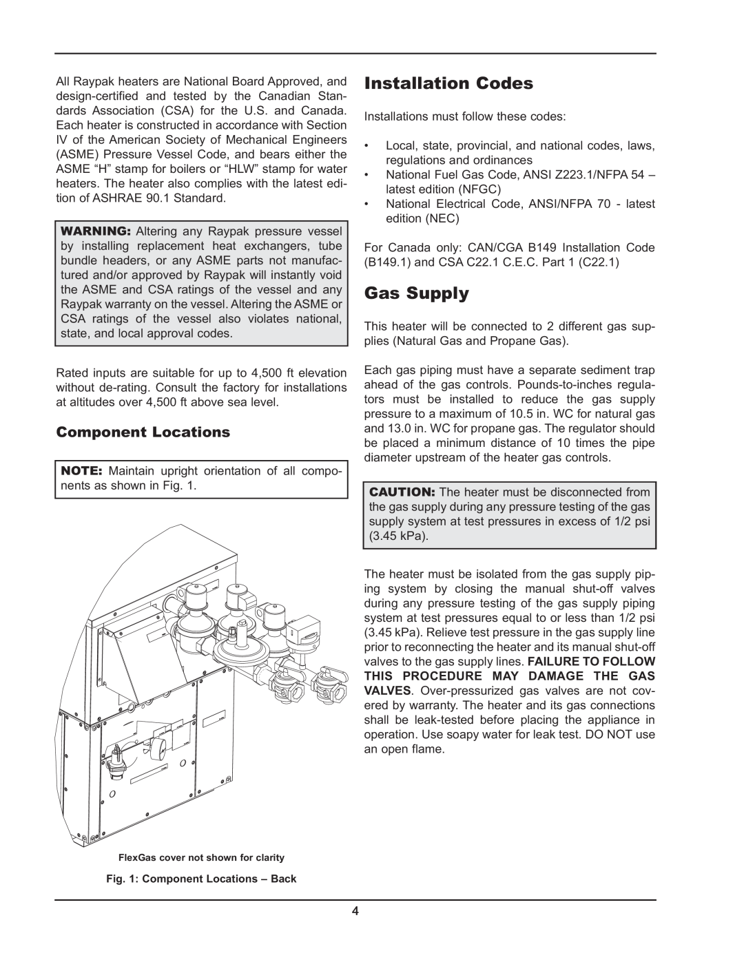 Raypak 302BD-2342BD instruction manual Installation Codes, Gas Supply, Component Locations 