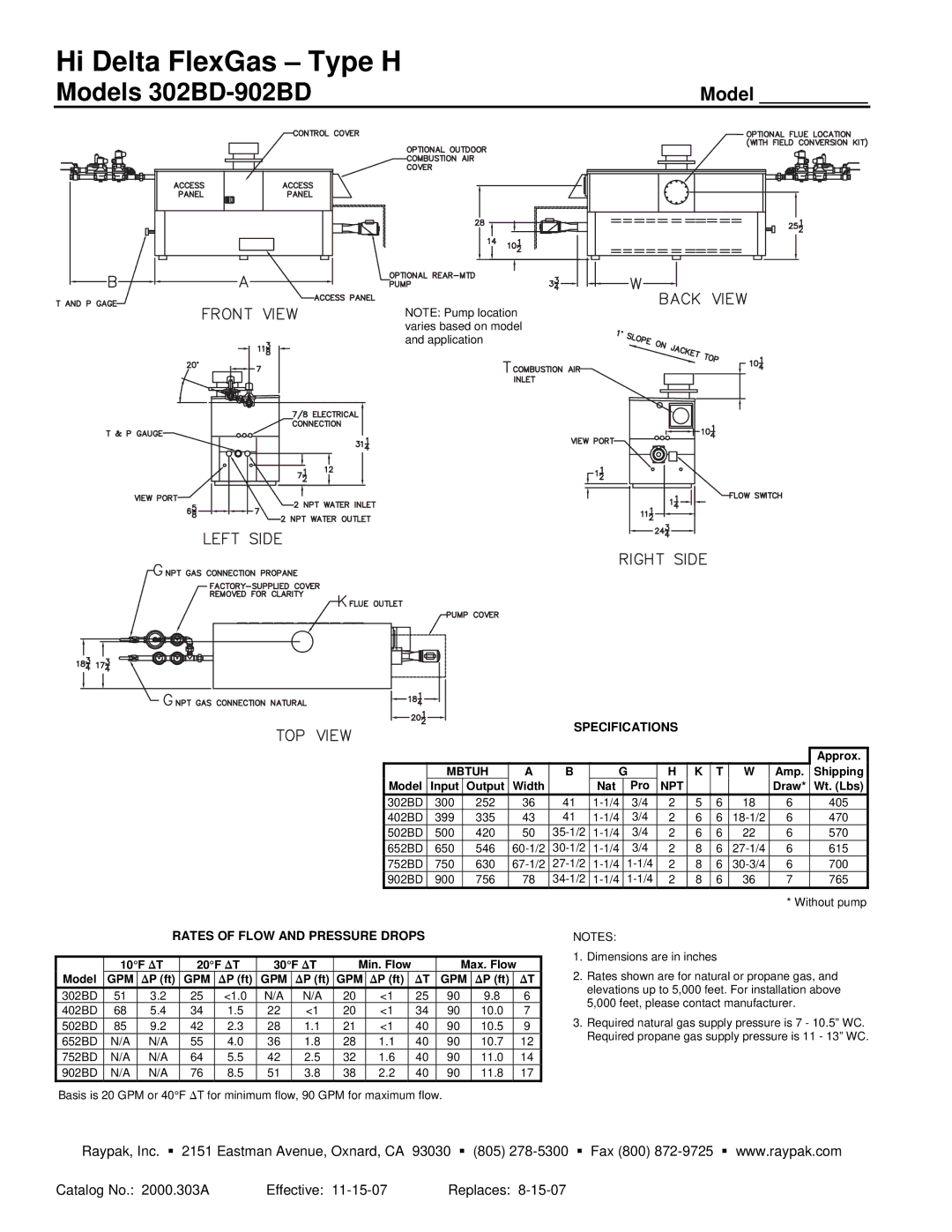 Raypak 302BD-902BD warranty Specifications, Rates of Flow and Pressure Drops 